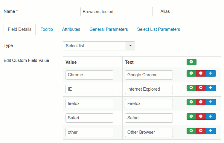 Select List options