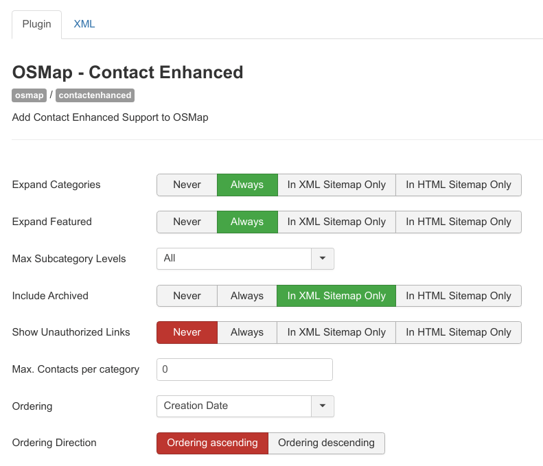 OSMap Sitemap Plugin for Contact Enhanced: Plugin Configuration