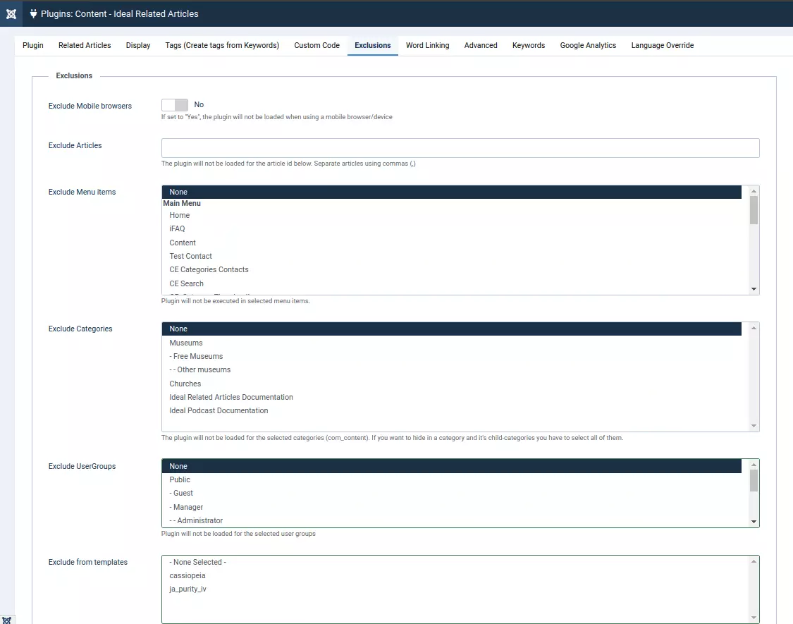 Ideal Related Article Content Plugin: Exclusions Tab